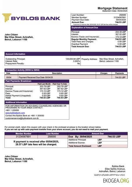 Modèle Word et PDF de relevé hypothécaire de la Byblos Bank du Liban